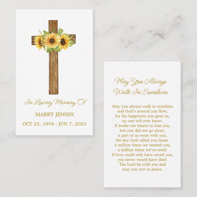 Sunflower Cross Memorial Funeral Prayer Card (Front/Back)