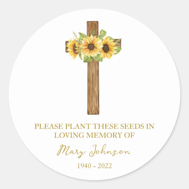 Sunflower Cross Memorial Funeral Seed Packet Classic Round Sticker (Front)