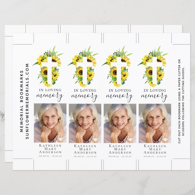 Sunflower Cross Photo Memorial Bookmark (Front/Back)