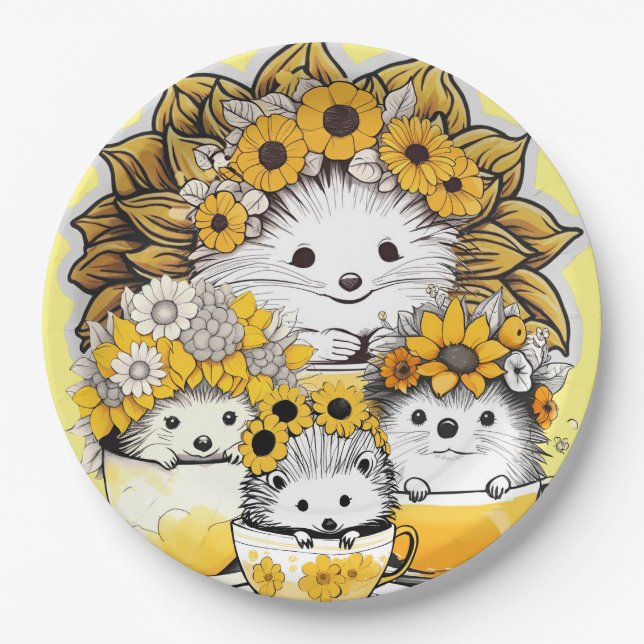 Sunflower Crowns Hedgehog Picnic Paper Plate (Front)