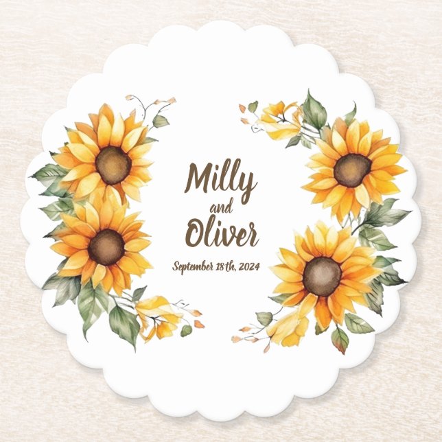 Sunflower Curves: Personalized Wedding Coasters (Front)
