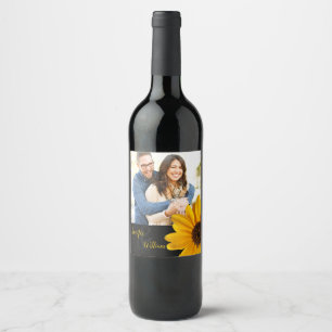 Sunflower, custom photo wine bottle with names wine label
