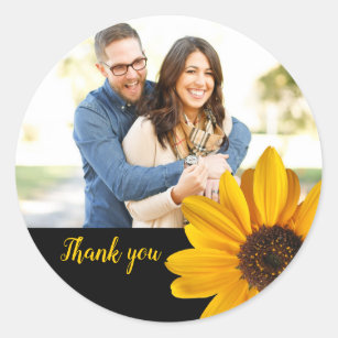 Sunflower custom thank you with couple's photo classic round sticker