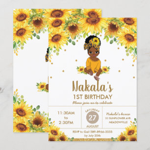 Sunflower Cute African American Girl 1st Birthday  Invitation