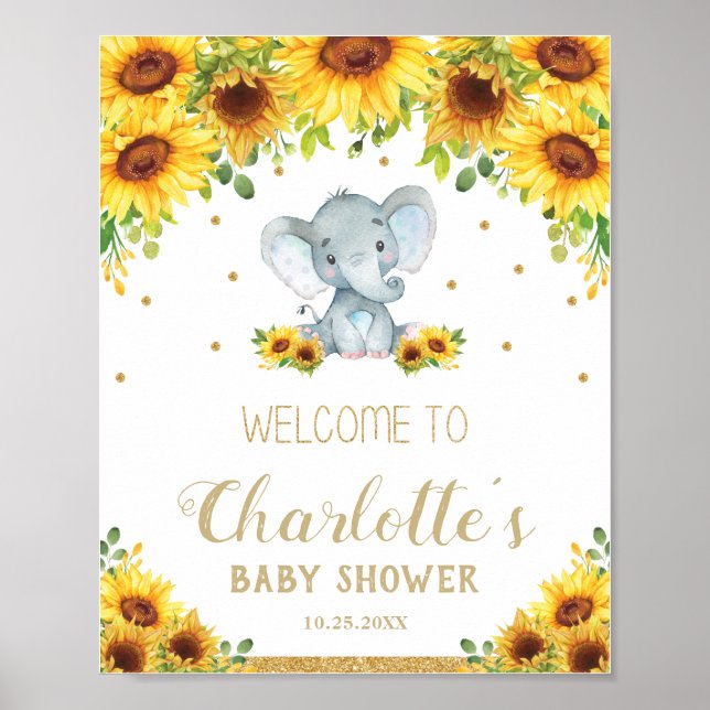 Sunflower Cute Elephant Boy Baby Shower Welcome Poster (Front)