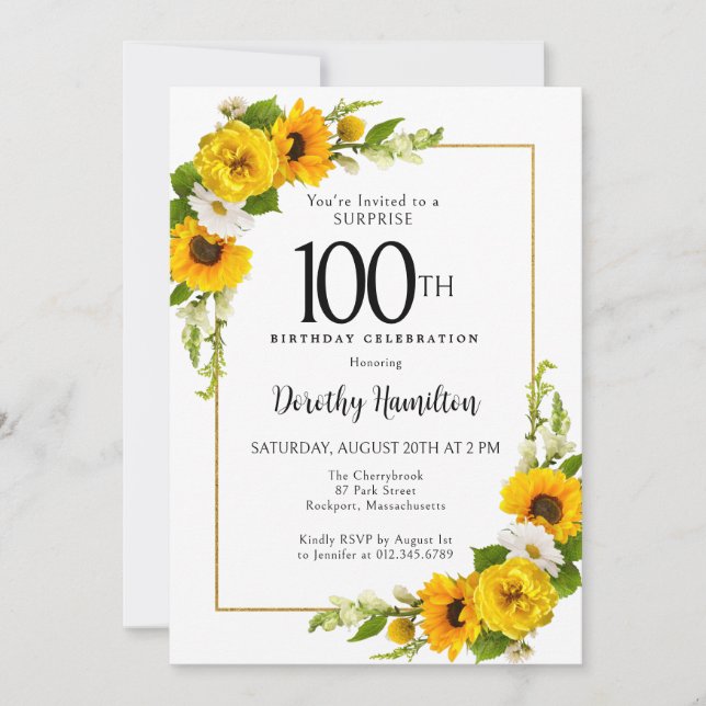 Sunflower Daisy 100th Birthday Surprise Party Invitation (Front)