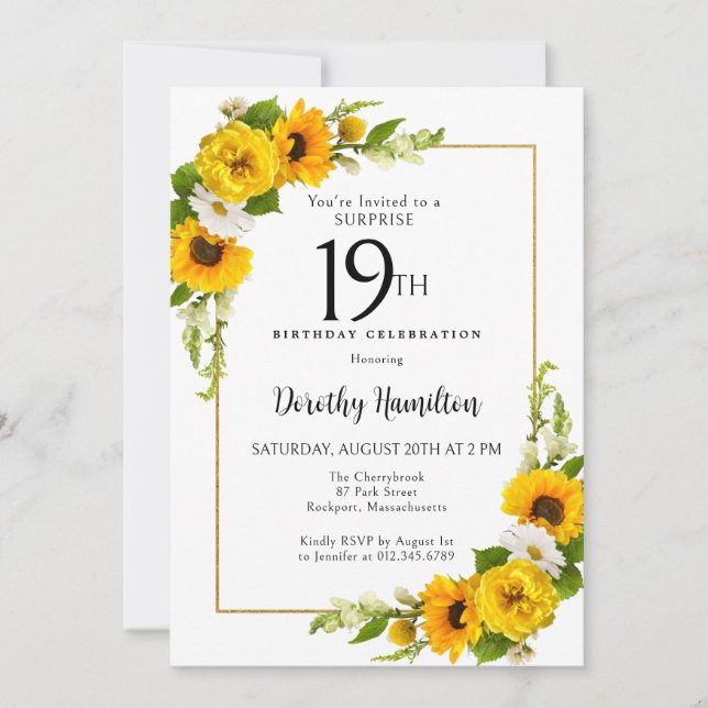 Sunflower Daisy 19th Birthday Surprise Party Invitation (Front)