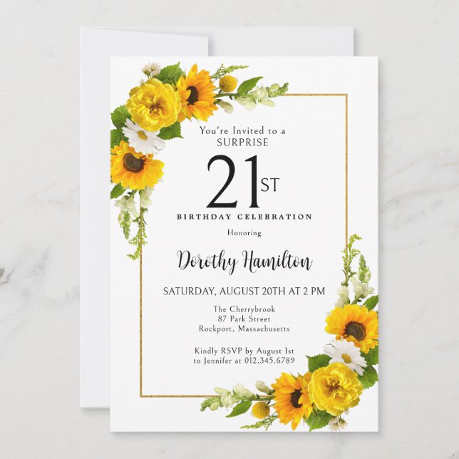 Sunflower Daisy 21st Birthday Surprise Party Invitation (Front)
