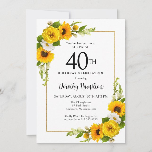 Sunflower Daisy 40th Birthday Surprise Party Invitation (Front)