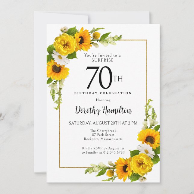 Sunflower Daisy 70th Birthday Surprise Party Invitation (Front)