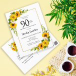 Sunflower Daisy 90th Birthday Party Invitation Postcard<br><div class="desc">Pretty yellow sunflower floral 90th birthday card. Yellow peonies and white daisies mingle with the sunflowers. A rectangular gold frame gives it an elegant vibe. Very easy to customise. The back has a sunflower bouquet. This is a perfect for a summer birthday celebration. This item is part of the Yellow...</div>