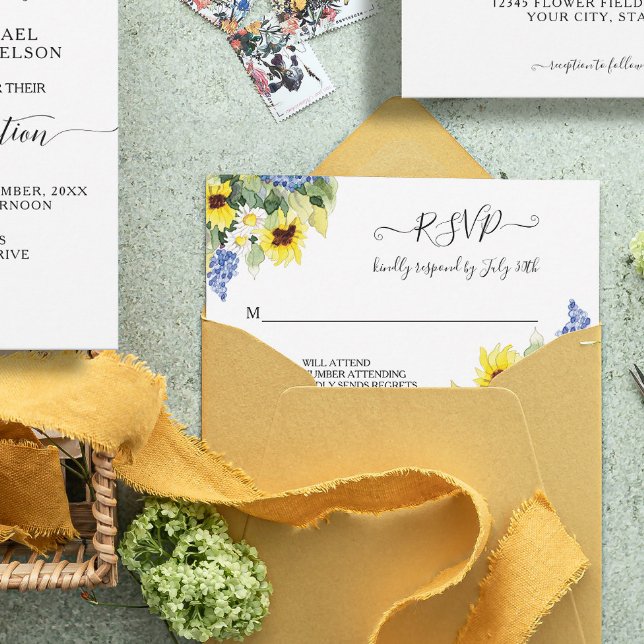 Sunflower Daisy Blue Floral Rustic Watercolor RSVP (Creator Uploaded)