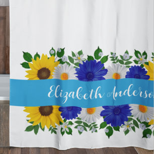Sunflower Daisy Blue Floral Shower Curtain