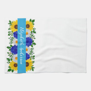 Sunflower Daisy Blue Floral Tea Towel