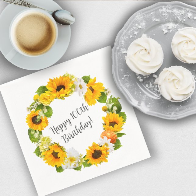 Sunflower Daisy Floral 100th Birthday Party Napkin (Personalized Napkins Easily Add a Festive Touch!)
