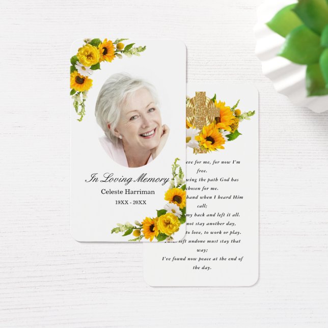Sunflower Daisy Floral Photo Funeral Prayer Card (Desk)