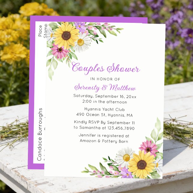 Sunflower Daisy Floral Wildflower Couples Shower Invitation Postcard (Creator Uploaded)
