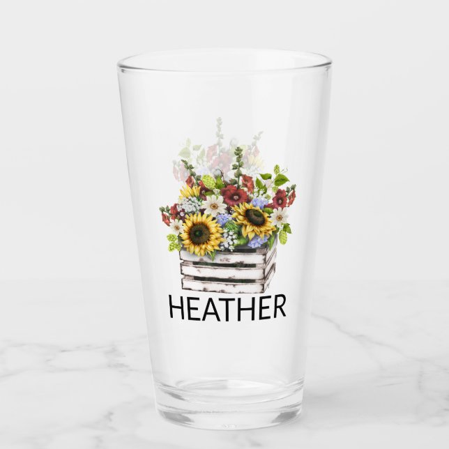 Sunflower Daisy Flowers Monogram Name  Glass (Front)