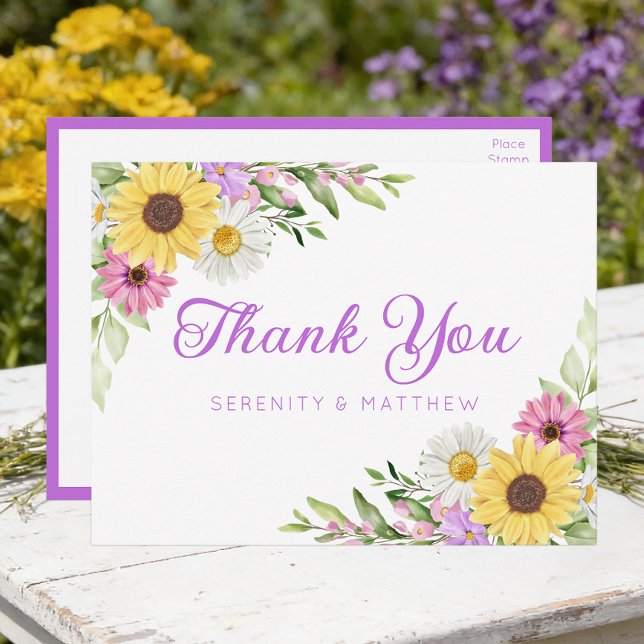 Sunflower Daisy Garden Floral Wedding Thank You Postcard (Creator Uploaded)