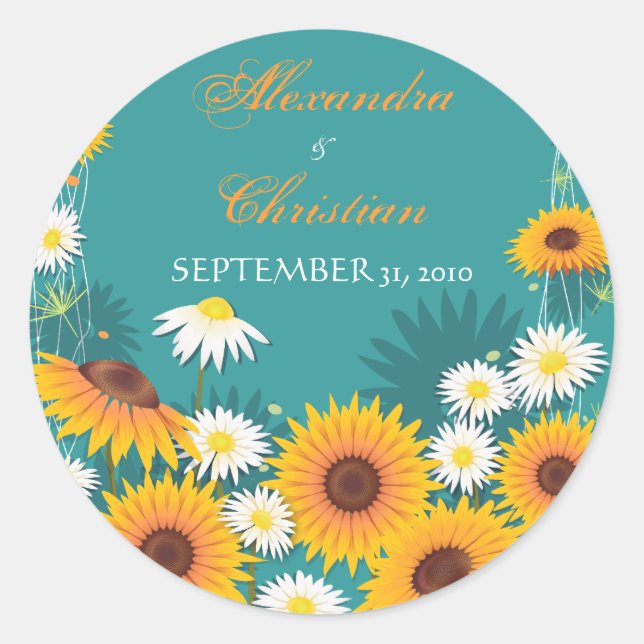 Sunflower Daisy Save The Date Wedding Announcement Classic Round Sticker (Front)