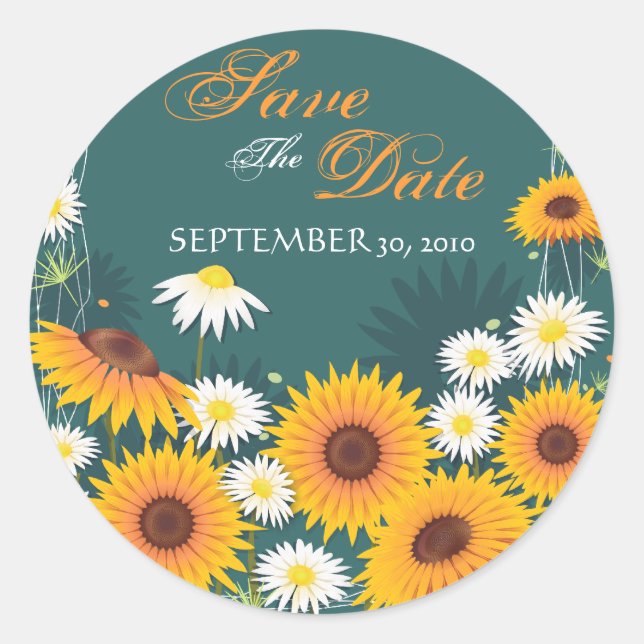 Sunflower Daisy Save The Date Wedding Announcement Classic Round Sticker (Front)