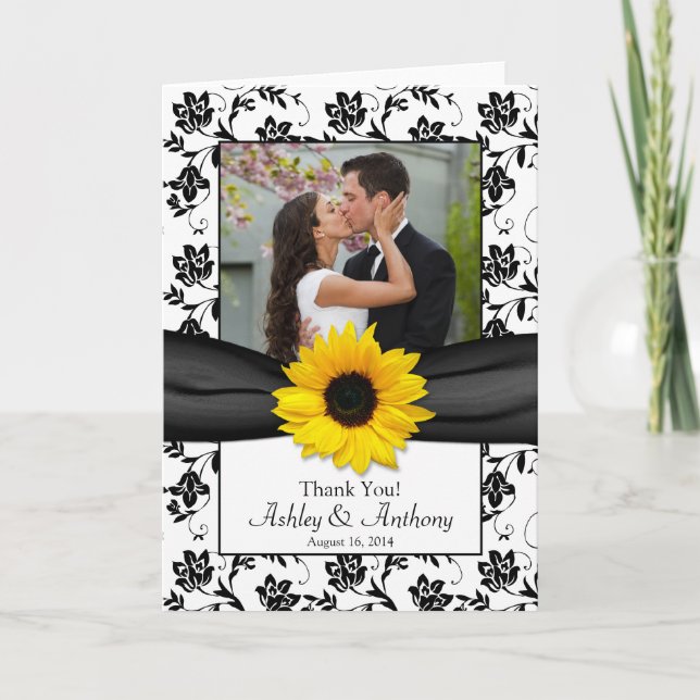 Sunflower Damask Wedding Thank You Card (Front)