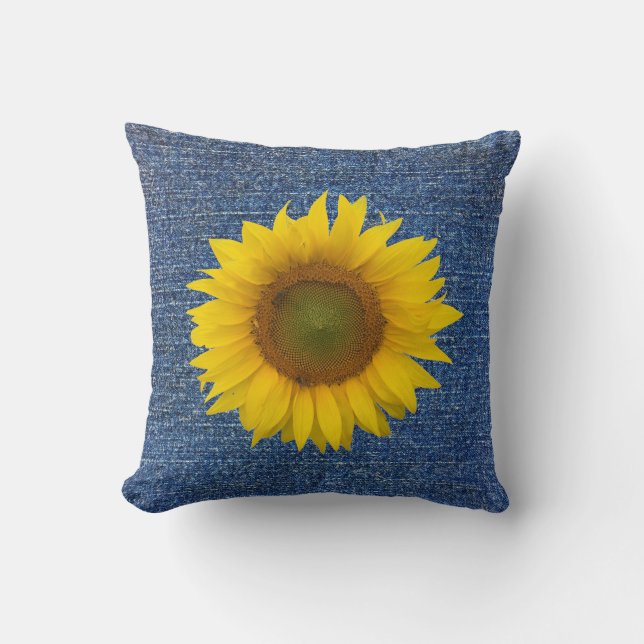 Sunflower Denim Look Rustic throw Pillow (Front)