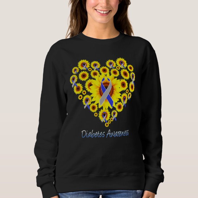Sunflower Diabetes Heart Grey Blue Ribbon Diabetic Sweatshirt (Front)