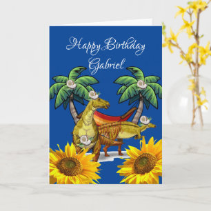 Sunflower Dinosaur Floral Folded Greeting Card