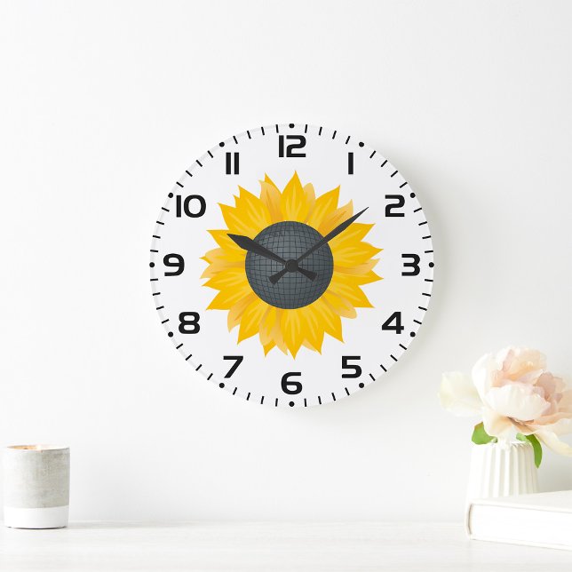 Sunflower Disco Ball Retro Party Vibe  Large Clock (Creator Uploaded)
