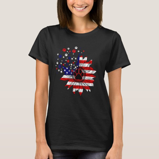 Sunflower Dog Paw American Flag 4th Of July Dog T-Shirt (Front)