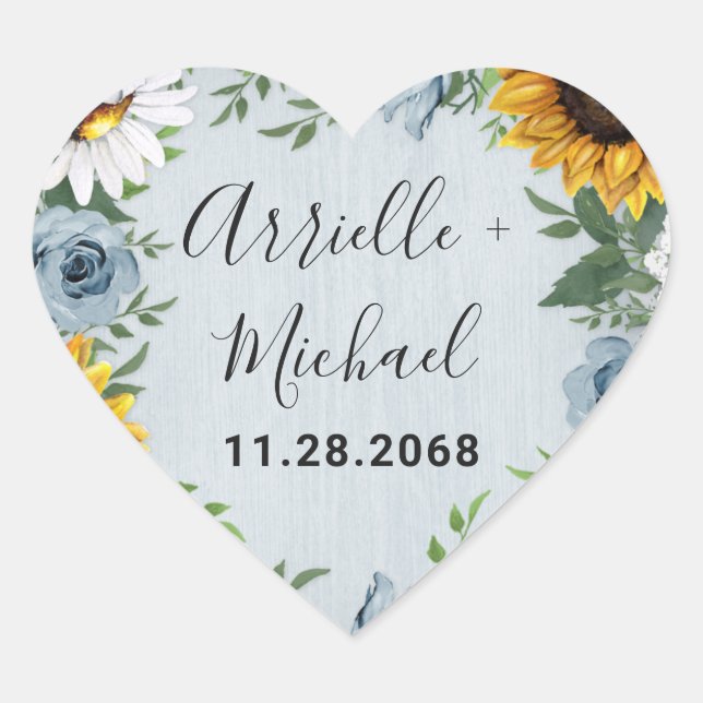 Sunflower Dusty Blue Country Rustic Roses Wedding Heart Sticker (Front)
