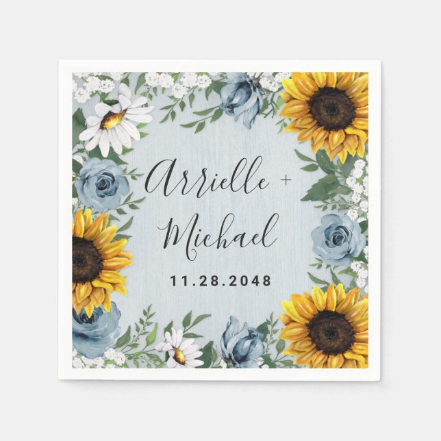 Sunflower Dusty Blue Country Rustic Roses Wedding Napkin (Front)