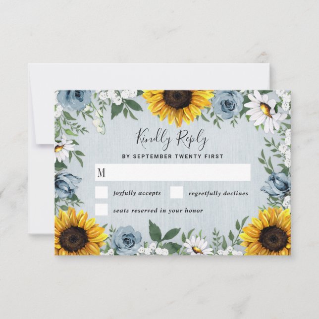 Sunflower Dusty Blue Country Rustic Roses Wedding RSVP Card (Front)