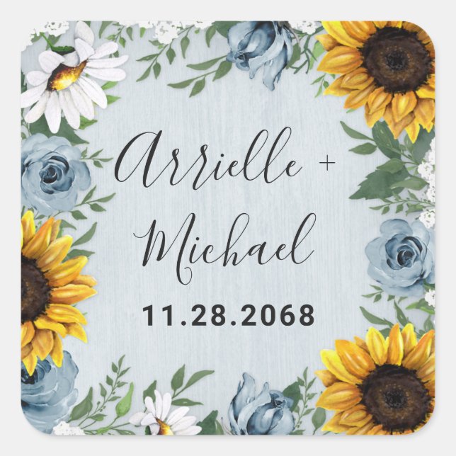 Sunflower Dusty Blue Country Rustic Roses Wedding Square Sticker (Front)