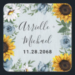 Sunflower Dusty Blue Country Rustic Roses Wedding Square Sticker<br><div class="desc">Design features a dusty blue/grey wood grain background with a wreath made of sunflowers,  daisies,  roses in dusty blue shades,  baby's breath over various types of botanical watercolor greenery elements.</div>