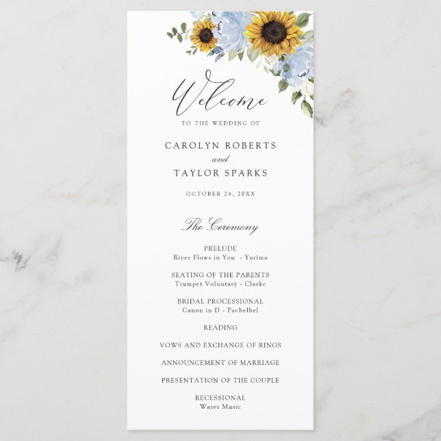 Sunflower Dusty Blue Floral Elegant Script Wedding Program (Front)
