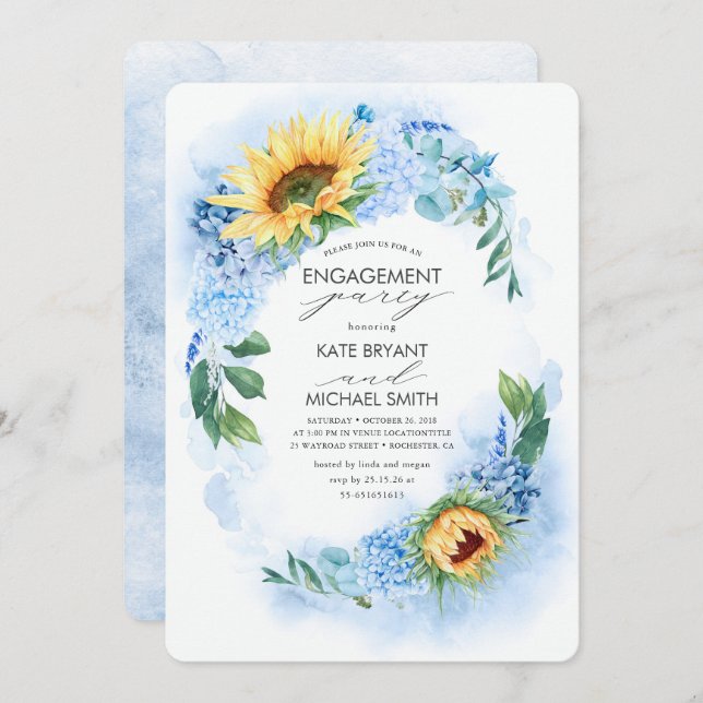 Sunflower Dusty Blue Floral Engagement Party Invitation (Front/Back)