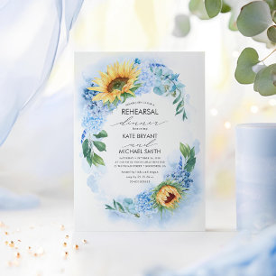 Sunflower Dusty Blue Floral Rehearsal Dinner Invitation