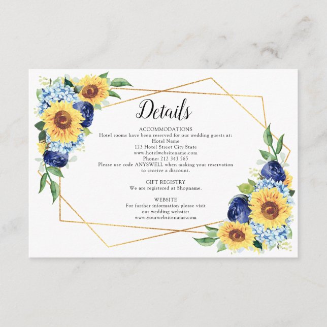 Sunflower Dusty Blue Geometric Wedding Details Enclosure Card (Front)
