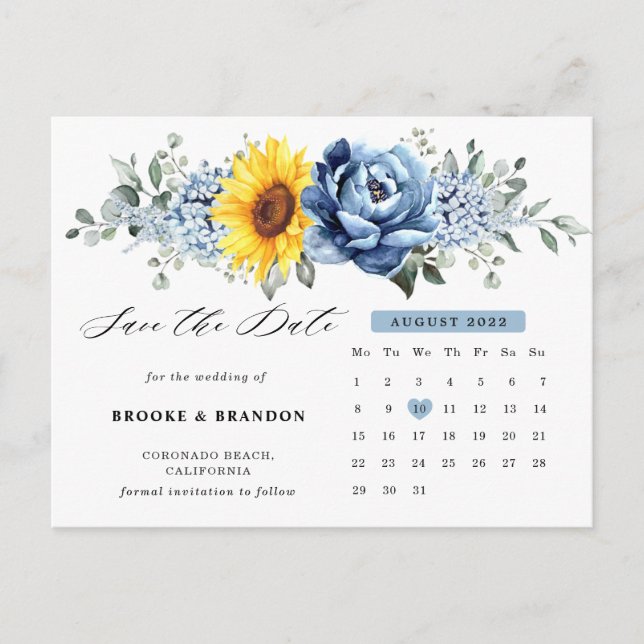 Sunflower Dusty Blue Peony Calendar Save the Date  Postcard (Front)