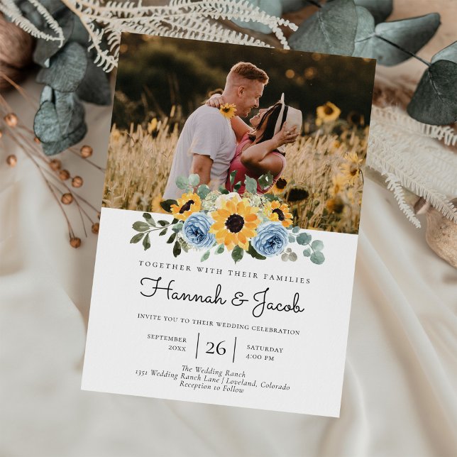 Sunflower Dusty Blue Rustic Photo Wedding Invitation (Creator Uploaded)
