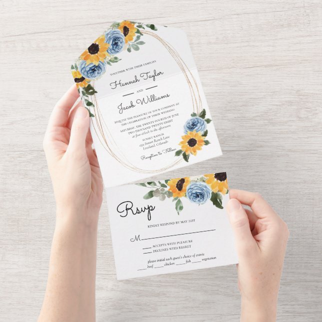 Sunflower Dusty Blue Rustic Roses Wedding All In One Invitation (Tearaway)