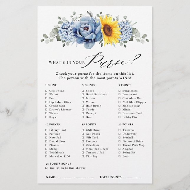 Sunflower Dusty Blue Slate  Bridal Shower Game (Front)