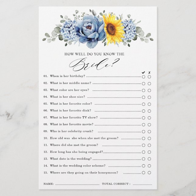 Sunflower Dusty Blue Slate      Bridal Shower Game (Front)