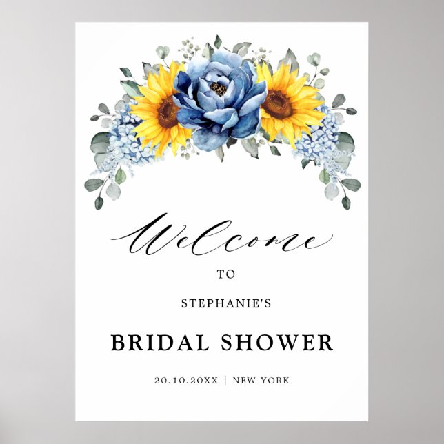 Sunflower Dusty Blue Slate Bridal Shower Welcome   Poster (Front)