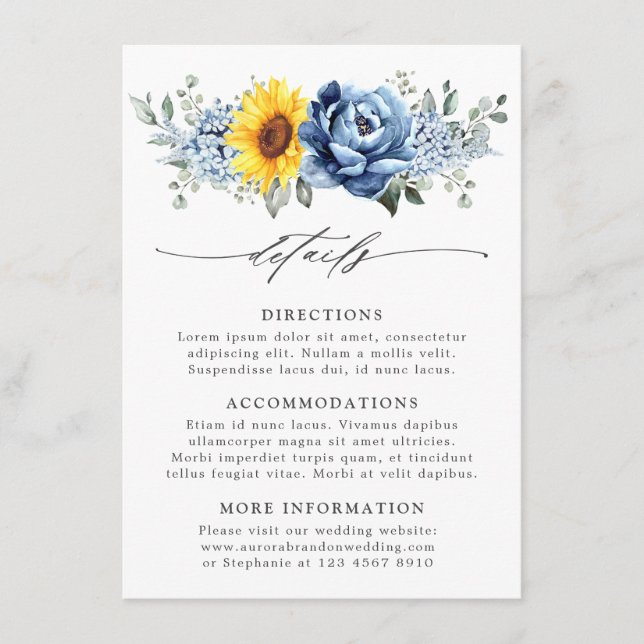 Sunflower Dusty Blue Slate Floral Wedding Details Enclosure Card (Front)