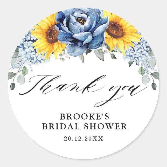 Sunflower Dusty Blue Slate Peony Bridal Shower Classic Round Sticker (Front)