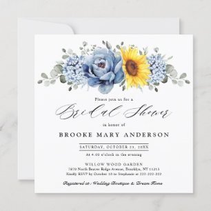 Sunflower Dusty Blue Slate Peony  Bridal Shower Invitation