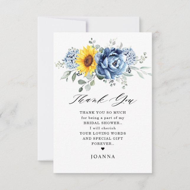 Sunflower Dusty Blue Slate Peony Bridal Shower Thank You Card (Front)